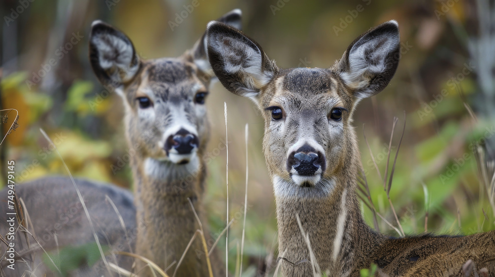Two does gaze curiously, their presence harmonising with the autumn hues.