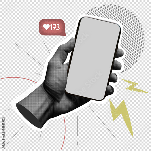 Trendy vintage halftone collage concept male hand holding smartphone. The blogger will view the likes. Viral content on social networks. Creative work