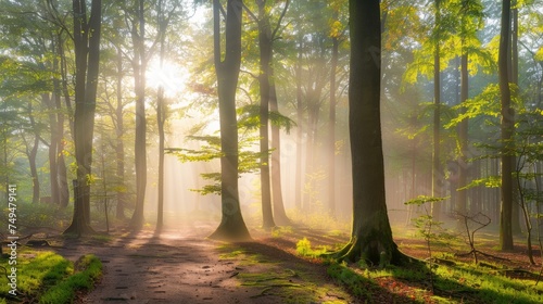 Early morning sunlight filters through the dense foliage of a serene forest, casting rays and creating a tranquil atmosphere.