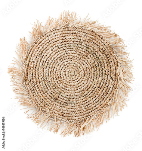 round handmade crafted crochet raffia placemat with fringes isolated over a transparent background, cut-out natural boho home, table or interior design element, top view / flat lay, PNG photo