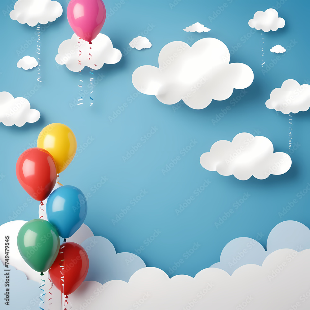 Blue Paper Background with Balloons and Clouds: Copy Space, card, balloons in the sky