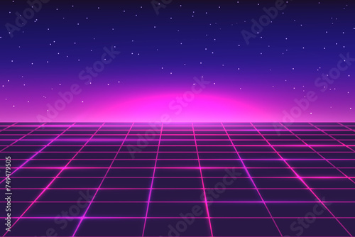 Futuristic background with neon grid and starry sky