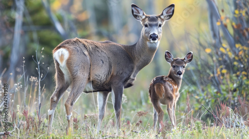 Doe and fawn share a tender moment in the soft autumnal grass. photo