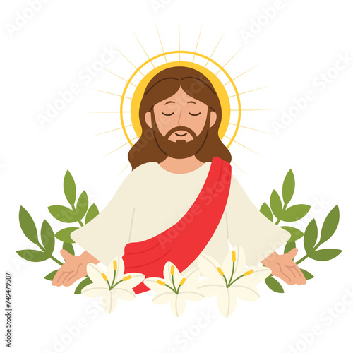 Happy Easter day hand drawn background vector. Religious drawing of Jesus Christ, God, lily flower, leaf. The Holy Spirit illustration for Good Friday, Holy Week, greeting card, cover, poster.