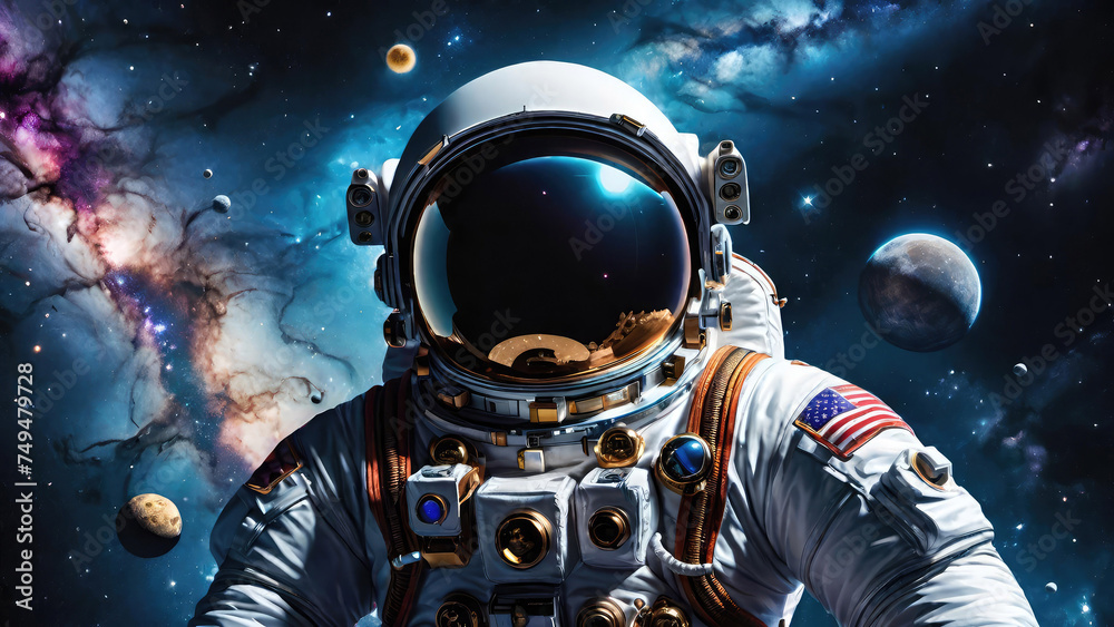 Astronaut in outer space against the backdrop of the planets.Space adventure, futuristic,galaxy exploration mission in outer space,sci-fi concept.Generative AI