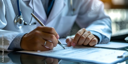 A doctor in a white coat is seated at a desk, focused on writing on a piece of paper. Their hand moves steadily across the page, pen poised with precision.