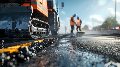 Road construction workers' teamwork, tarmac laying works at a road construction site, hot asphalt gravel leveled by workers, and road surface repair.