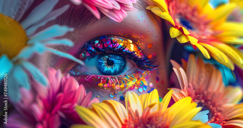 Beautiful blue eye of a woman looking through colorful flowers wearing bright colorful glittery makeup. Makeup art concept. © DootziMitzi