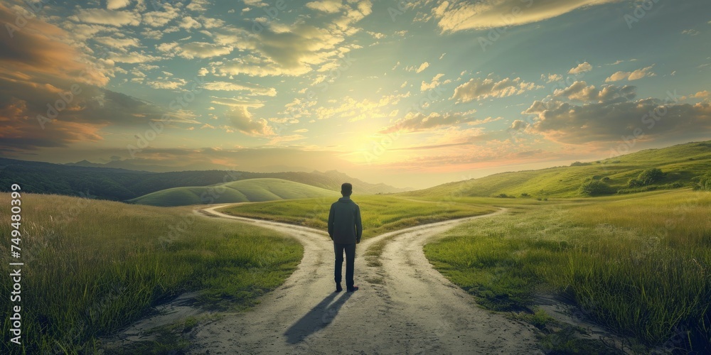 A lone man stands confidently on a dirt road that cuts through a vast field, surrounded by nothing but wild grass and the endless horizon stretching out before him.
