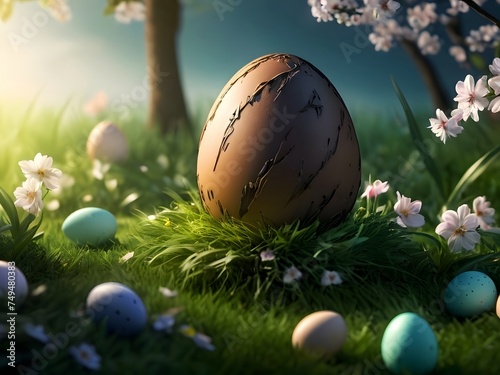 Colorful easter eggs background on green nature landscape with sky