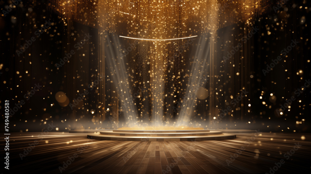 golden confetti rain on festive stage with light beam in the middle, Ai generated image - obrazy, fototapety, plakaty 