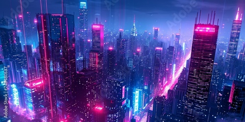 In a futuristic city  neon lights dance off the towering skyscrapers  casting an otherworldly glow over the bustling streets below.