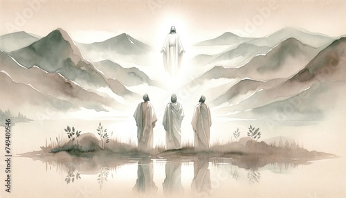 The greatest miracle: Transiguration of Jesus. llustration of Jesus appearing bright to Peter, James and John on a mountain. Digital watercolor painting. photo