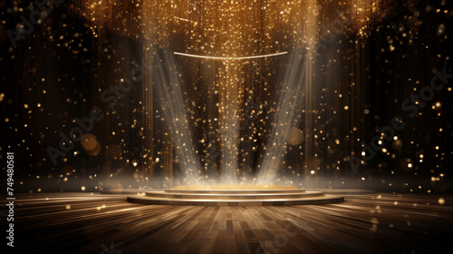 golden confetti rain on festive stage with light beam in the middle, Ai generated image