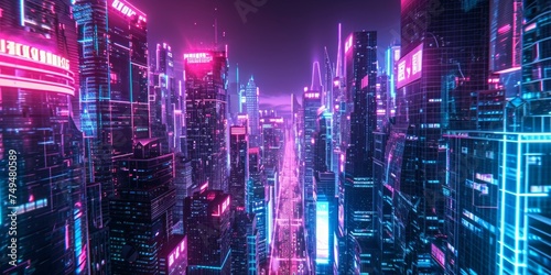 In a futuristic city  neon lights dance off the towering skyscrapers  casting an otherworldly glow over the bustling streets below.