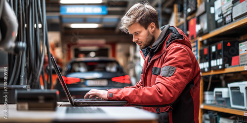 An automotive service manager or mechanic runs interactive diagnostic software on an advanced computer. A specialist inspects a car to detect faults in a repair shop