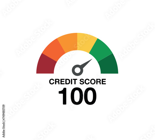 100 credit score. Design medidor de score. Speedometer gauge indicator or customer satisfaction metering graph. photo