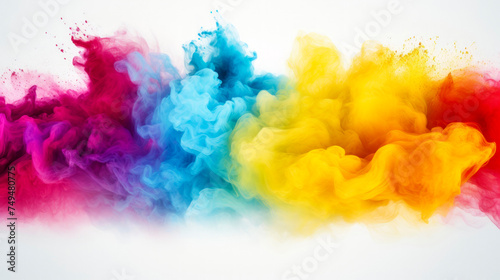 Ink colorful blend. Multicolored smoke splash on white background. Neon pink yellow blue fluid splash, creative abstract background.