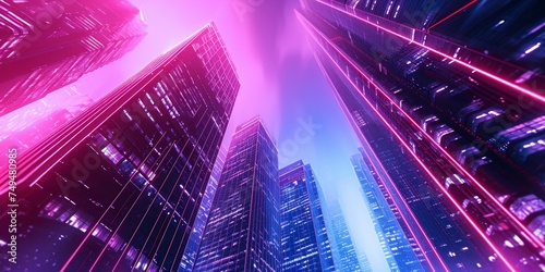 In a futuristic city, neon lights dance off the towering skyscrapers, casting an otherworldly glow over the bustling streets below.