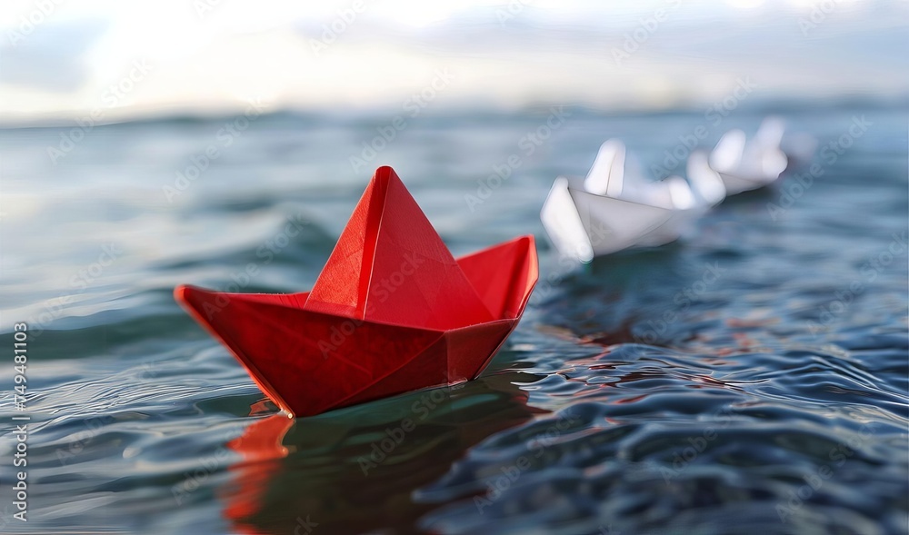 One red paper boat leading a group of white origami boats on a reflective water surface symbolizing leadership