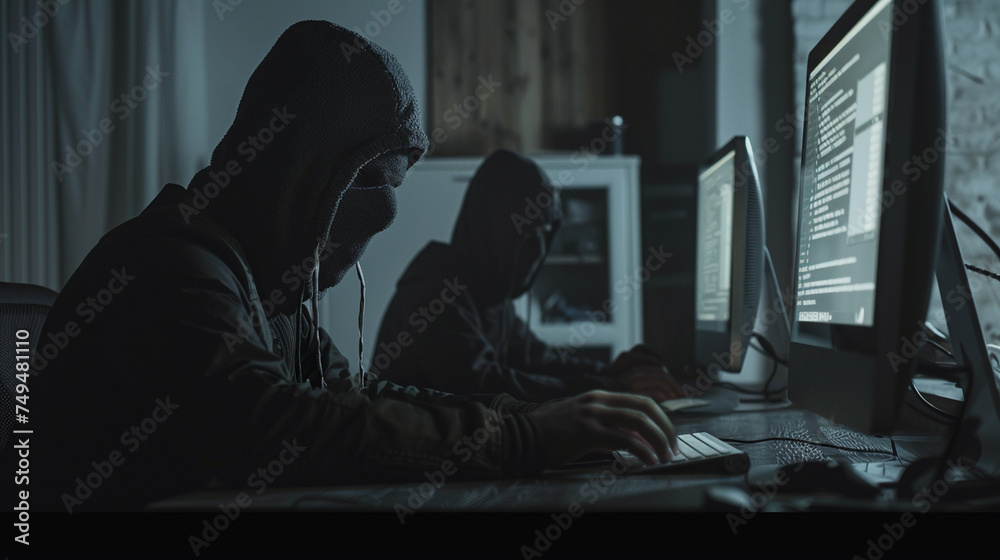 Within the gloomy atmosphere of a closed, dark office, masked individuals wearing balaclavas are immersed in their work, their obscured faces illuminated only by the soft light of