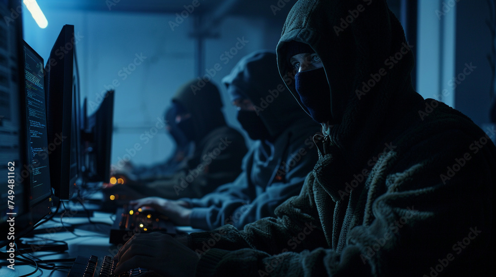 Within the somber ambiance of a dark office environment, men wearing balaclavas are hunched over their computer screens, the faint glow of monitors casting an eerie light on their Within the somber ambiance of a dark office environment, men wearing balaclavas are hunched over their computer screens, the faint glow of monitors casting an eerie light on their