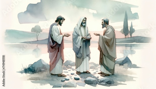 The betrayal of Judas. Judas agreeing to betray Jesus for thirty pieces of silver. Life of Jesus. Watercolor digital painting.
