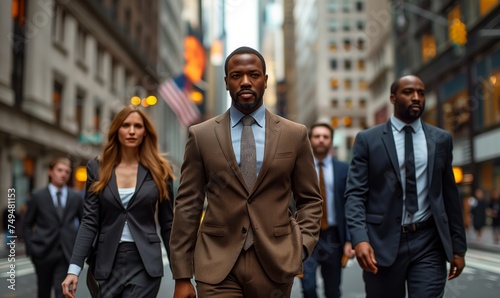 A team of interracial business people in suits walking among business buildings in urban city