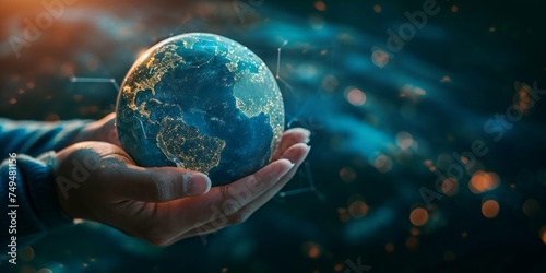 A person delicately cradles a small globe in their hands, showcasing the fragility and interconnectedness of our planet. The globe reflects light, highlighting its intricate details.