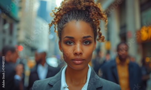 African American businesswoman going to work among crowd of busy people in urban city skyscrapers