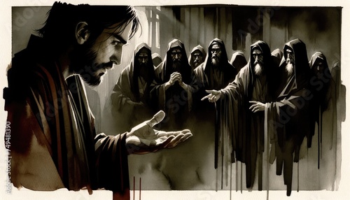 The betrayal of Judas. Judas agreeing to betray Jesus for thirty pieces of silver. Life of Jesus. Digital illustration. Black and white.