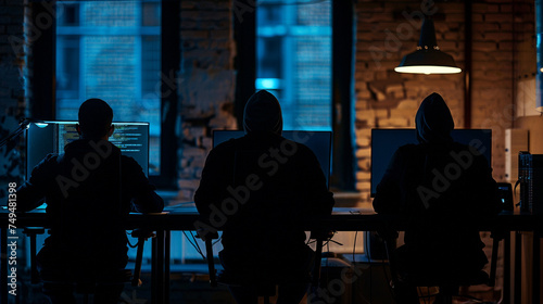 Amidst the shadows of a closed, dimly illuminated office, men wearing balaclavas are silhouetted against the glow of their computer screens, their obscured faces lending an air of
