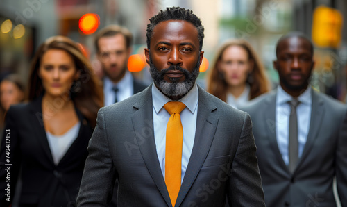 A team of interracial business people in suits walking among business buildings in urban city