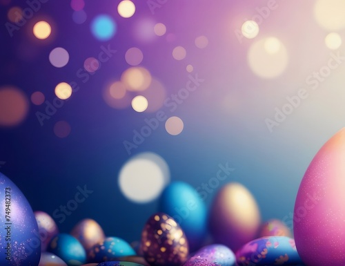 Happy easter abstract bokeh background with colorful easter eggs and 3d light effect