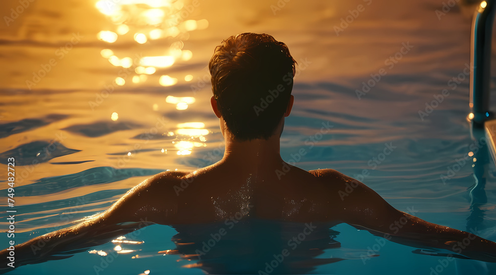 Summer Seduction: Poolside Aesthetics. Sultry Swim: The Allure of the Summer Pool. man at the pool mistery enviroment. Generative AI