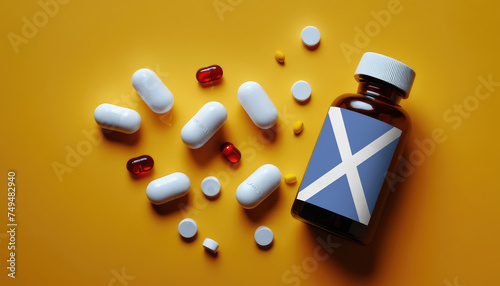 White medical pills and tablets in a drug bottle with flag Scotland. Macro top down view with copy space. Medicine and healthcare concept