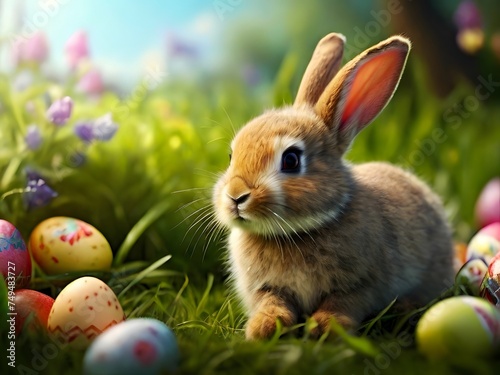 Happy easter bunny sitting with many eggs on green grass landscape © mraual24