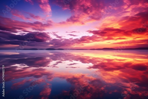 Tranquil lake, ablaze in orange and purple sunset hues. © crazyass