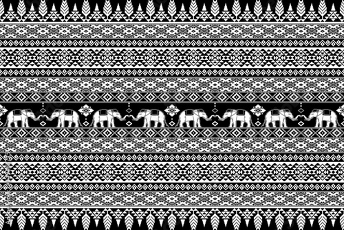 Ethnic White Thai Elephant Seamless Pattern on Black Background.  Vector Illustration for fabric, textile, carpet, tile, wrapping, wallpaper and background