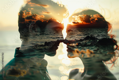 double exposure background: young couple against the sea at sunset
