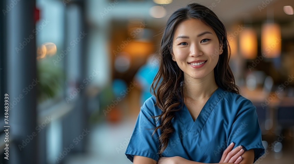 Obraz premium Portrait of asian woman wearing blue doctor uniform and stethoscope at hospital.