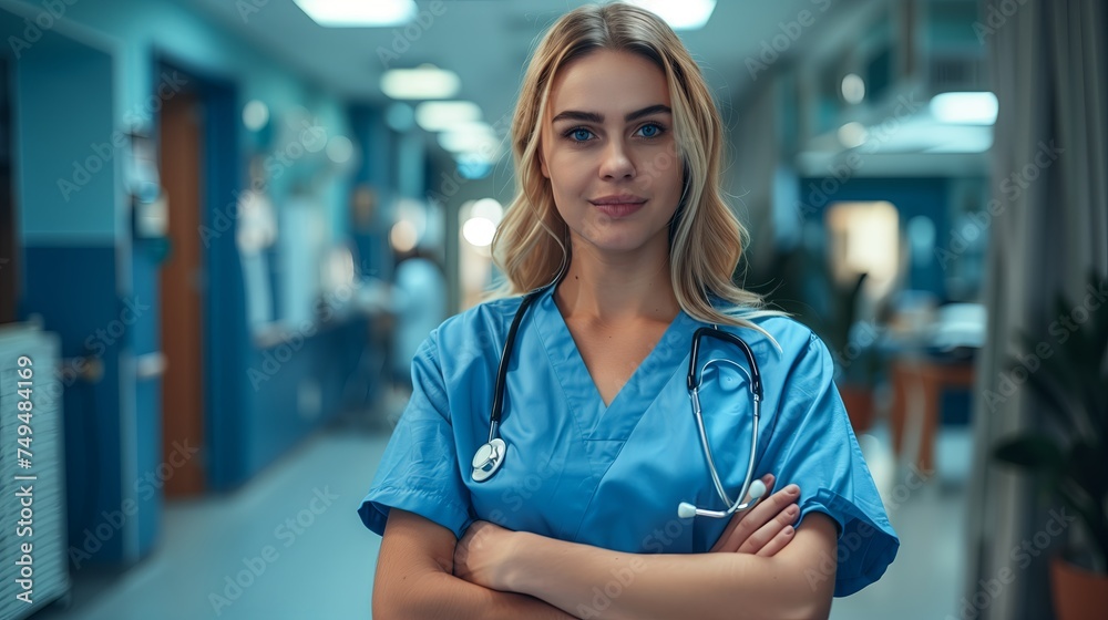 Fototapeta premium Portrait of woman wearing blue doctor uniform and stethoscope at hospital.