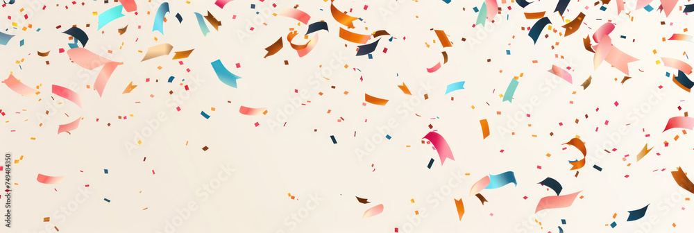 A panoramic image of floating paper ribbons and confetti on a light background, which could be used as a festive April Fools' Day website header or event invitation background.