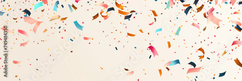 A panoramic image of floating paper ribbons and confetti on a light background, which could be used as a festive April Fools' Day website header or event invitation background.