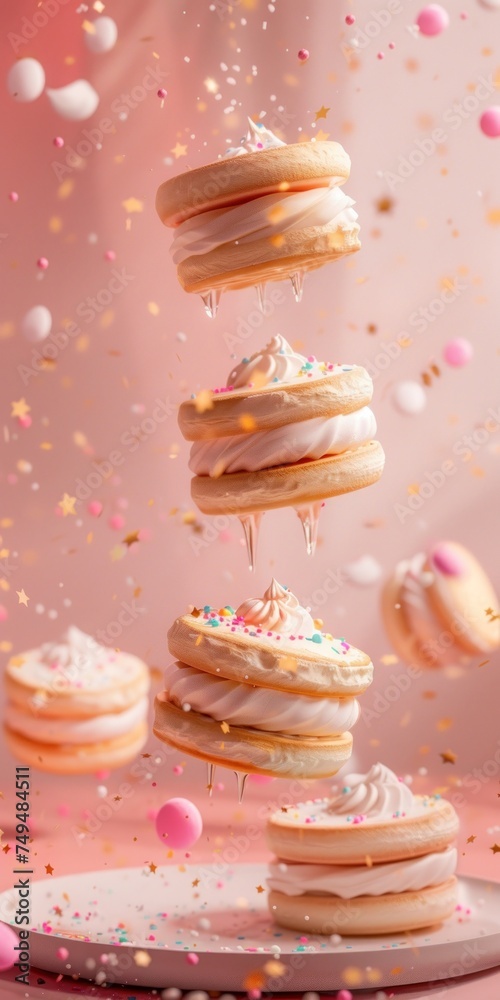 A whimsical and creative image of floating pancakes with dripping syrup and sprinkles, ideal for a fun April Fools' Day food-themed promotion or a playful dessert menu highlight.