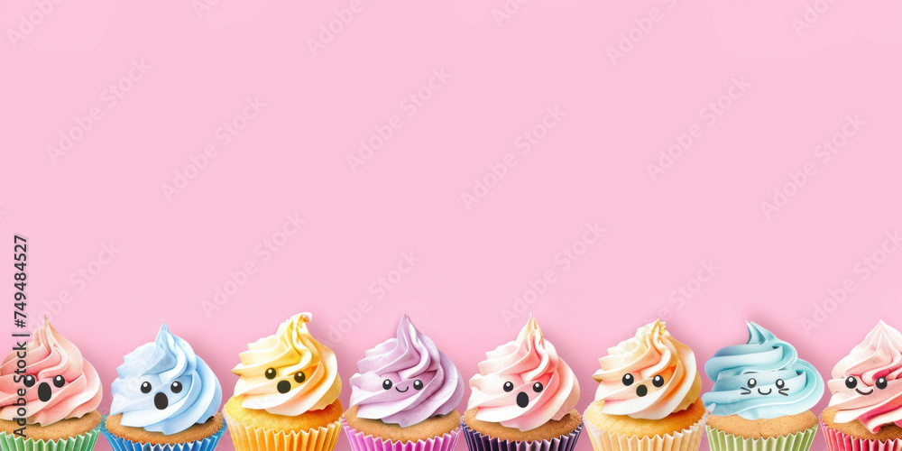 delightful image of cupcakes with smiling faces along the bottom border provides a cheerful and charming backdrop for April Fools' Day party materials or sweet-themed promotions. - obrazy, fototapety, plakaty 