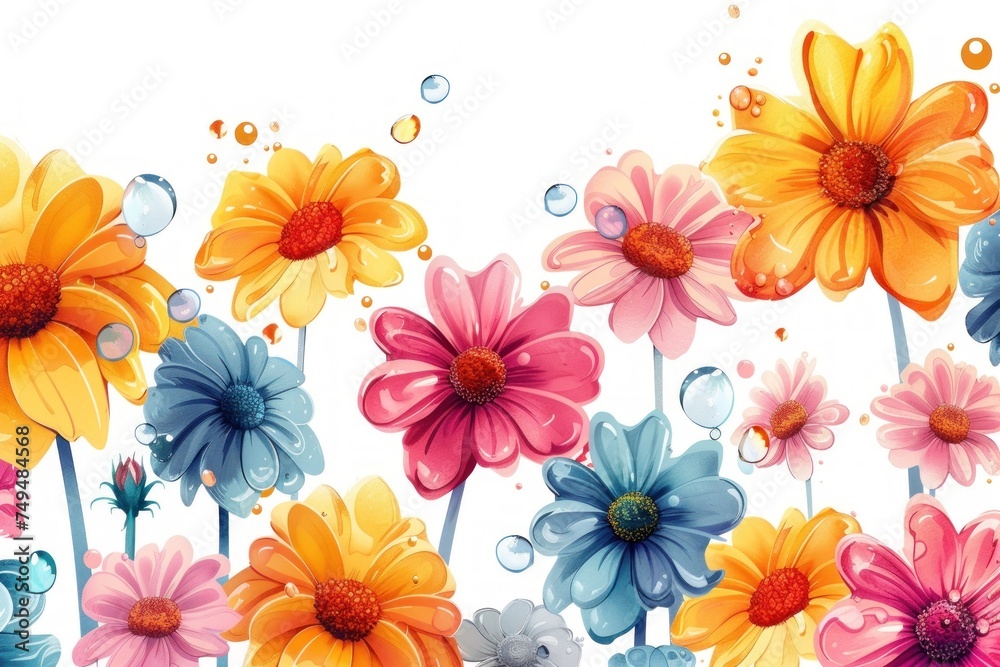 An array of oversized cartoon flowers squirting water, against a white background, suitable for cheerful April Fools' Day themed advertisements or greeting cards. An array of oversized cartoon flowers squirting water, against a white background, suitable for cheerful April Fools' Day themed advertisements or greeting cards.