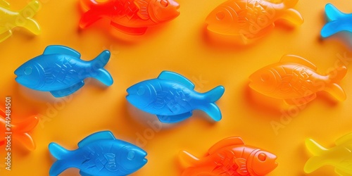 plastic fish toys on an orange background, suitable for April Fools' Day visuals, with a cheerful and colorful theme that can be used for children's events or educational materials
