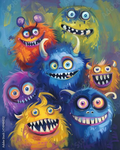 A vibrant painting of various colorful and friendly monsters, an excellent choice for an April Fools' Day children's event poster or playful decoration.