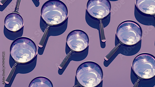 A pattern of magnifying glasses with reflective surfaces on a purple background, perfect for a mysterious or investigative theme in an April Fools' Day scavenger hunt. photo